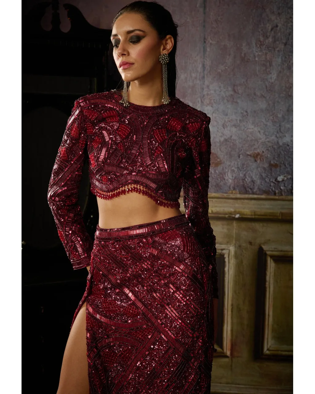 Maroon Fully Embroidered Blouse And Slit Trail Skirt