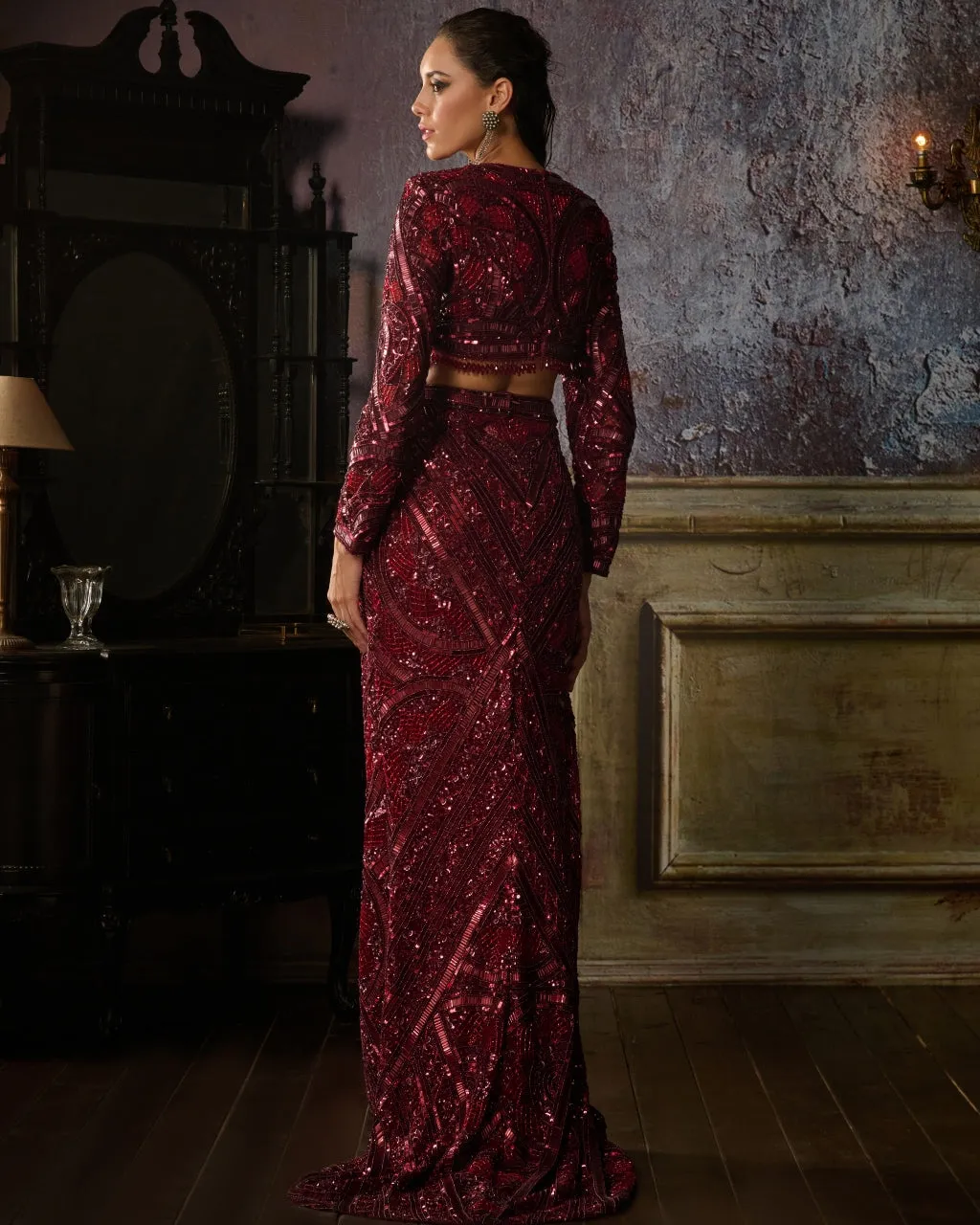 Maroon Fully Embroidered Blouse And Slit Trail Skirt