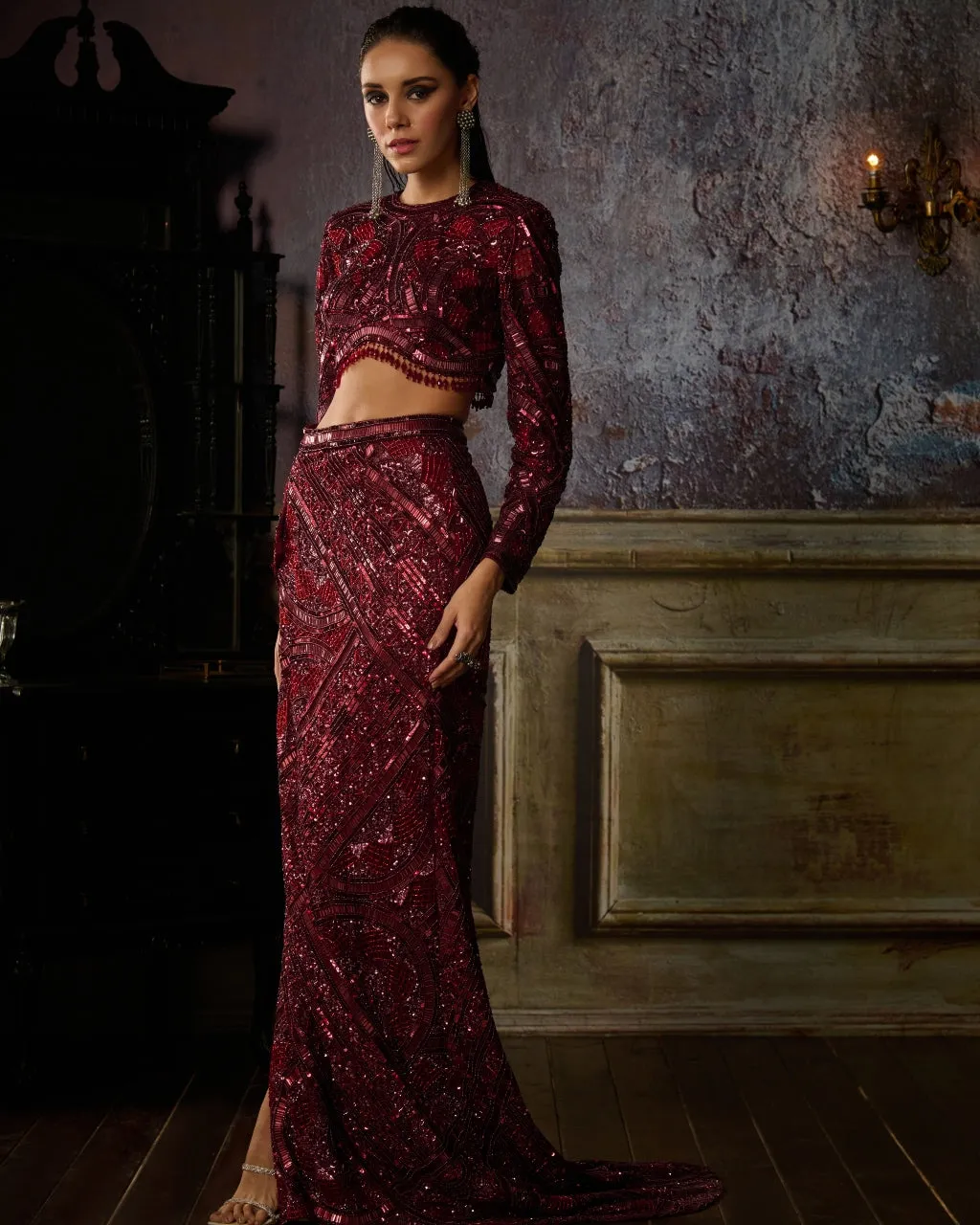 Maroon Fully Embroidered Blouse And Slit Trail Skirt